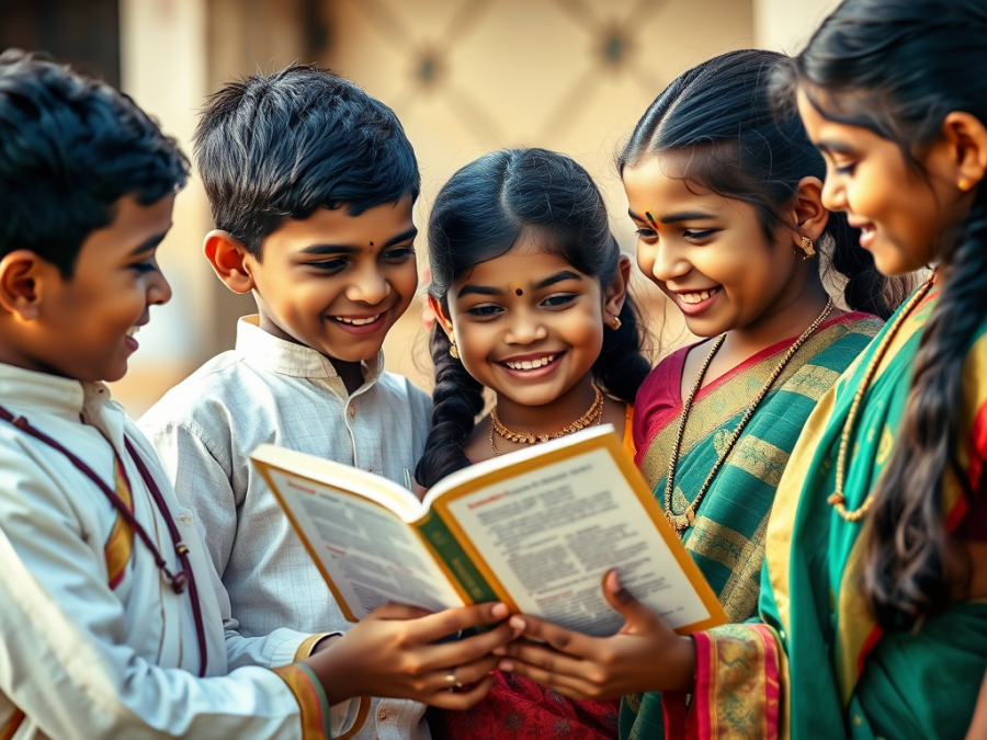 A group of boys and girls in traditional tamil dress reading book together.
